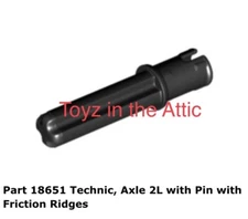 Lego 1x 18651 Black Technic, Axle 2L with Pin with Friction Ridges 10497