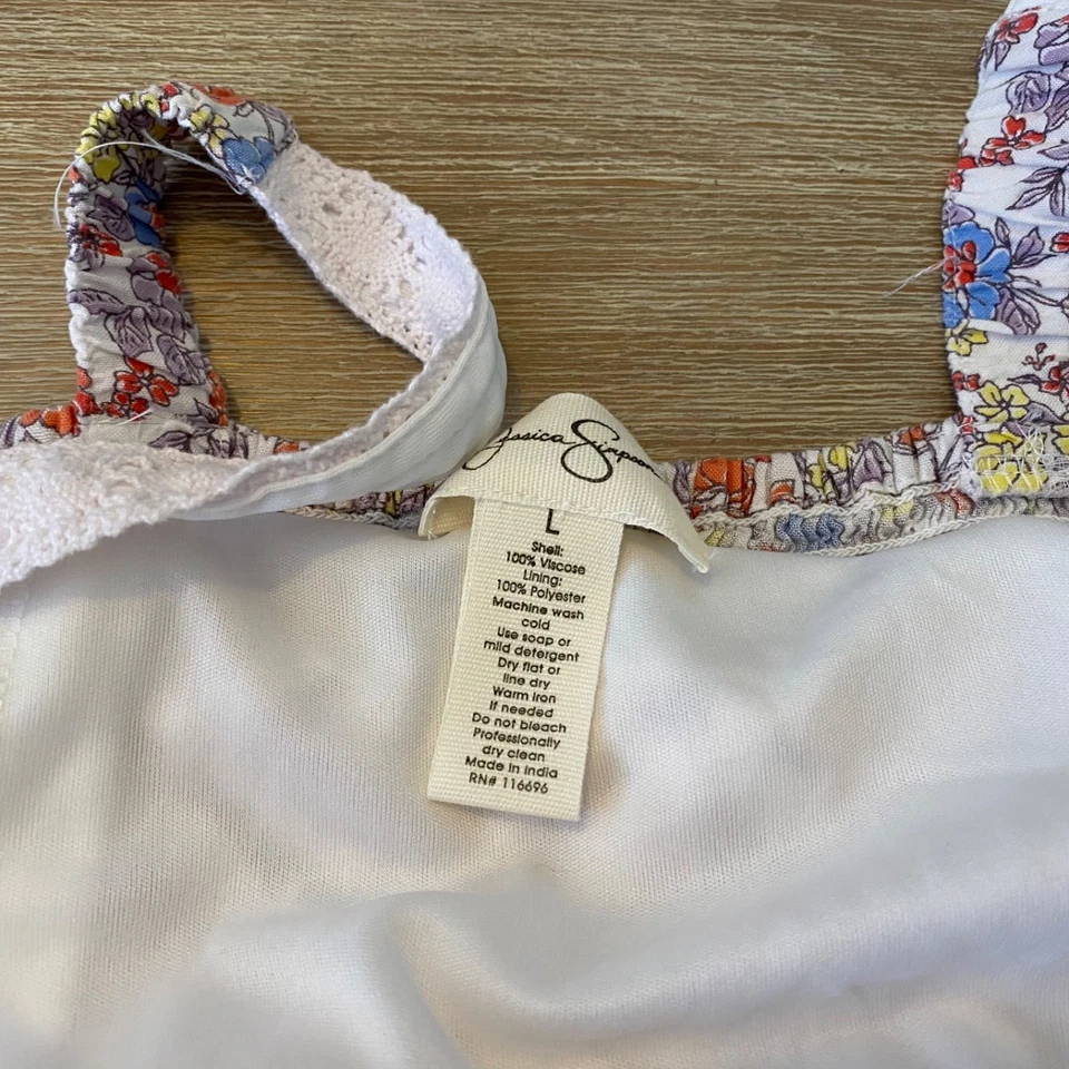 Vestido Jessica Simpson para mujer sin mangas de ganchillo en capas multicolor L Cottage Core Foto 3 de 4