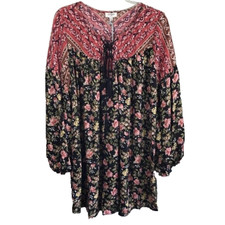 Womens L Boho  Mixed Floral Paisley Print Puff Long Sleeve Dress Tassel Ties NEW