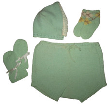 Vtg hand knit baby clothing, green hat w lace, argyle socks, mitts, soaker pants