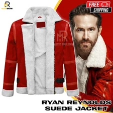 Men's Red Suede Leather Jacket Ryan Reynolds Spirited Christmas Shearling Jacket