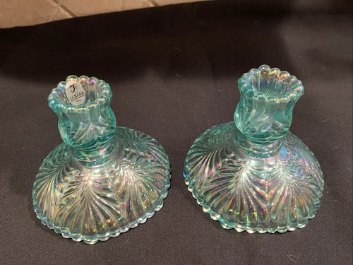 Set Of 2 -Fenton Iridescent Green/Pink Carnival Glass CandleHolders 3 1/2 “ Tall