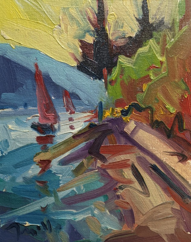 UNIQUE! 8x10 SAILBOAT MOUNTAIN LAKE WOODS FOREST JOSE TRUJILLO  *Moving Sale*