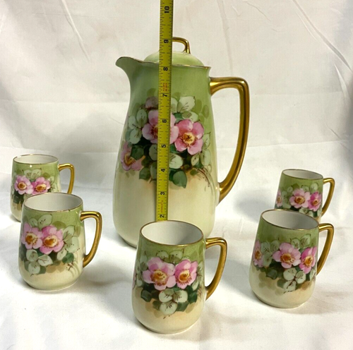 Antique Bavaria Hand Painted Chocolate Pot and Set of 5 Cups Green, Gold Trim - Picture 2 of 22
