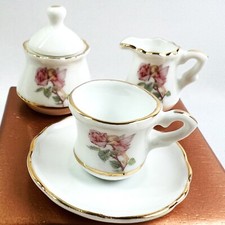 Miniature Vintage Porcelain Teacup with Sugar  Creamer Pink Floral 5 Pcs.