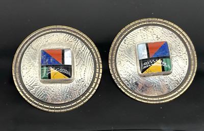 Tabra Tunoa Channel Inlay Geometric Sterling Silver Brass Gemstone Clip Earrings