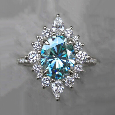2Ct Oval Cut Blue Topaz And Diamond Halo Engagement Ring 14k White Gold Finish