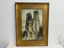 Antique “Rheims Cathedral” Lithograph 1914 J Alphege Brewer Etching Framed