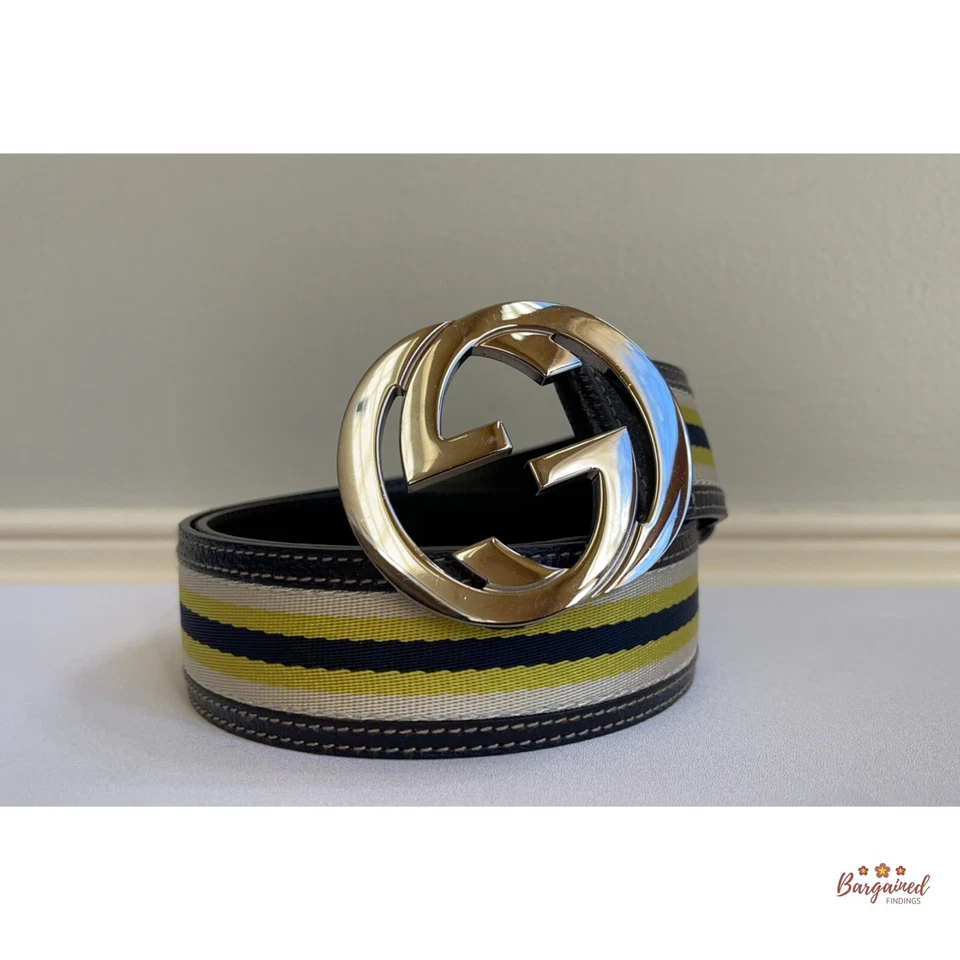 Подлинный Gucci белый желтый темно-синий холст черный кожаный блокировки G ремень 85/34 - Изображение 2 из 4