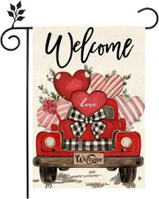 Valentine's Day Rustic Garden Flag with Love Hearts and Truck, 12x18 Inch