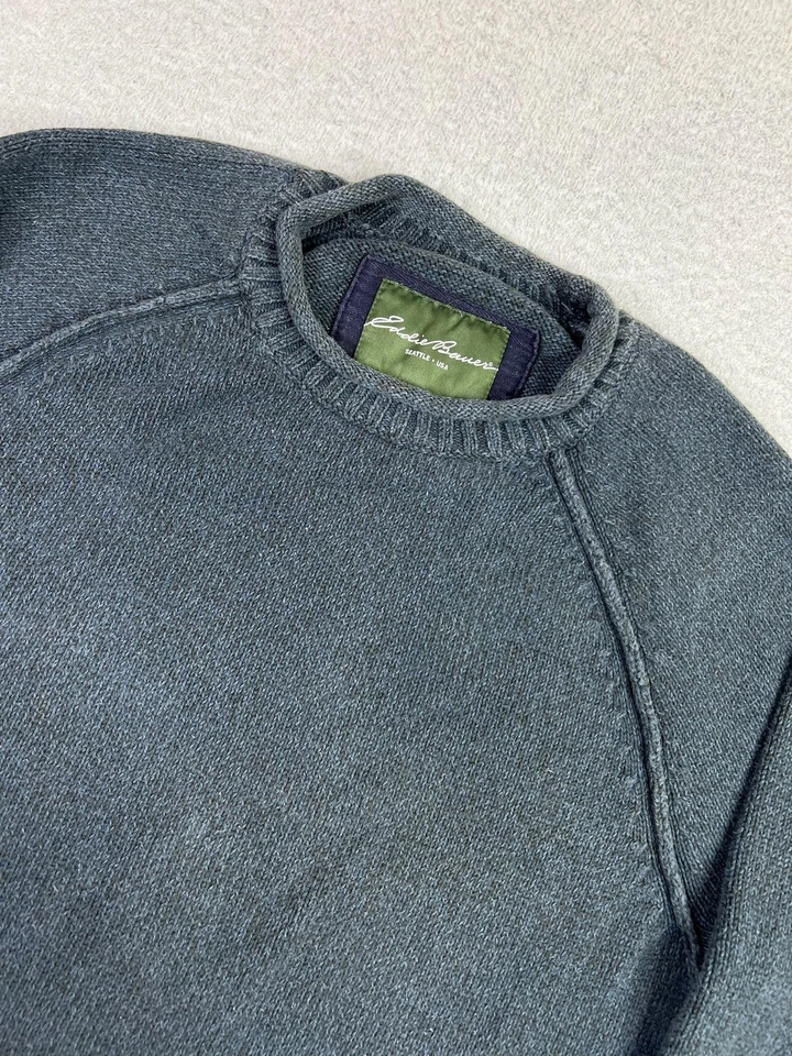 Eddie Bauer Sweater Mens Medium Gray 100% Cotton Crewneck Raglan Knit Pullover - Image 3 of 4