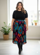 NWT Women's Amanda Smith Black Multicolor Floral Pleated Midi Skirt Size 3X