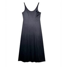 Vintage Bali Black Midi Slip Dress Stretch Strappy Scalloped Goth - Size Large