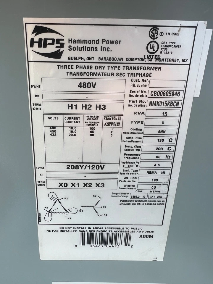 TRANSFORMADOR HV NEMA 3R 15 KVA. 480 LV. 208Y/120V HAMMOND NMK015KBCN Foto 2 de 4
