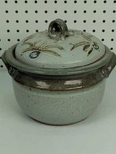 Handmade Stoneware Covered Casserole Dish Green Glaze Floral Design