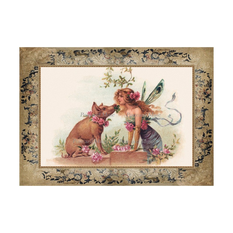Victorian Christmas Fairy With A Pig Cotton Fabric Quilt Block Sewing Applique