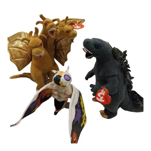 Ty Beanie Babies Godzilla Mothra King Ghidorah 2001 Japan GMK Set Used