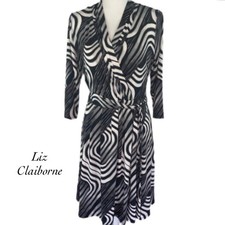 Liz Claiborne Black White Gatsby Print Faux Wrap Belted Dress NWT Size M