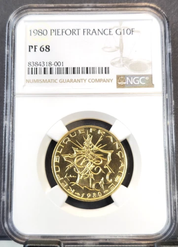 1980 FRANCE GOLD 10 FRANCS PIEFORT NGC PF 68 EXTREMELY RARE 157 MINTED