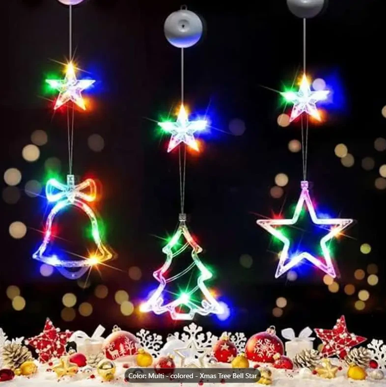 Battery-Powered Christmas Window Lights, 3Pcs Tree-Bell-Star with Timer - Image 2 of 4