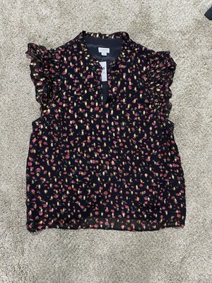 J.Crew Ruffleneck Flutter-Sleeve Top Red Black Size L Key Hole Button NEW