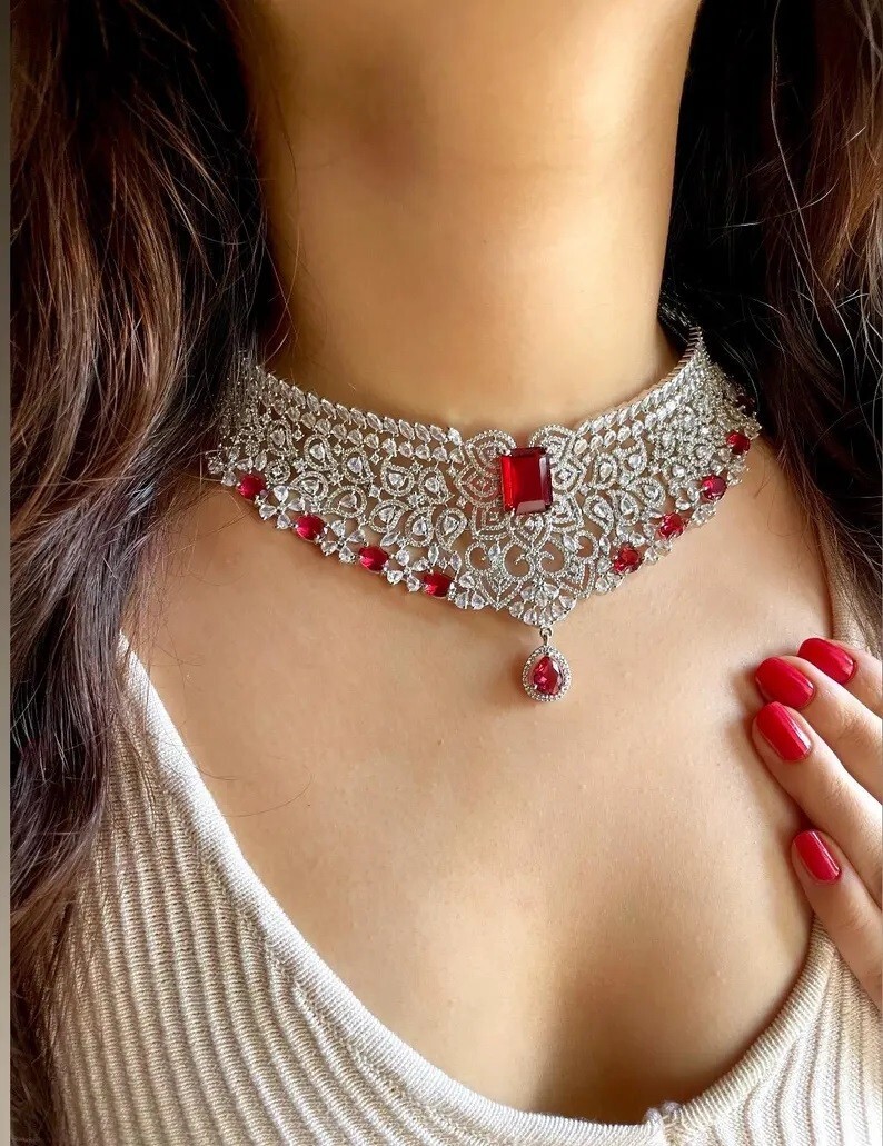 Stunning TCW Red Ruby White Sapphire Engagement Bridal Choker  Necklace