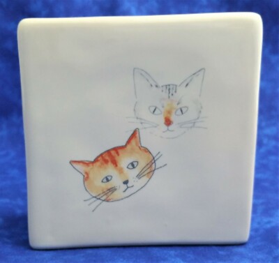 Rae Dunn Crazy Cat Lady Tabby & White Cats Decorative Block  Double Sided 