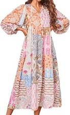 Women Boho Floral Printed Long Dress Summer Lantern Half Sleeve Beach Flowy Loos