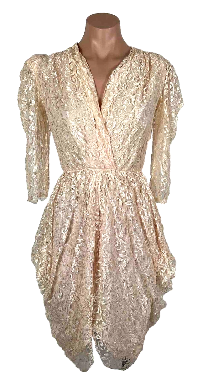 Vintage 80s Tulip Hem Peach Lace Dress Puffy Sleeve Party Prom Cocktail S/M