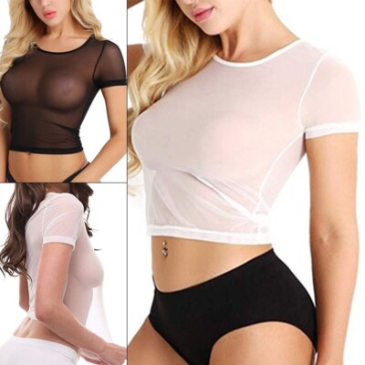 Tops Bluse Kurzarm Mesh Enge T-Shirt Durchsichtig Transparent Nachtclub