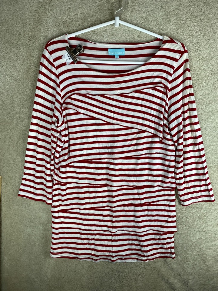 blue illusion Casual T-Shirts Tee Top Size XS Womens Red Striped Long Sleeve