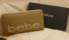 NEW WT BOX WOMEN'S BEBE TAUPE LEATHER WALLET ZIP AROUND JETTA SLG RHINESTONES