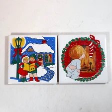 VTG Jasco Ceramic Christmas Tile Lot of 2 Coaster Xmas Stocking Boy Girl Carols