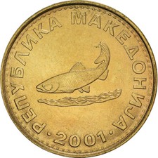 [#385202] Münze, Mazedonien, 2 Denari, 2001, UNZ+, Messing, KM:3