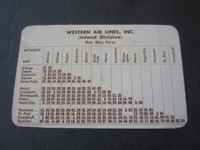 Ancienne CARTE TARIFS vintage années 50 WESTERN AIRLINES division intérieure à sens unique