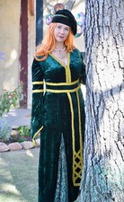 Celtycka długa rękaw zielona aksamitna średniowieczna sukienka rozmiar L renesansowa dyskietka kapelusz pokojówka