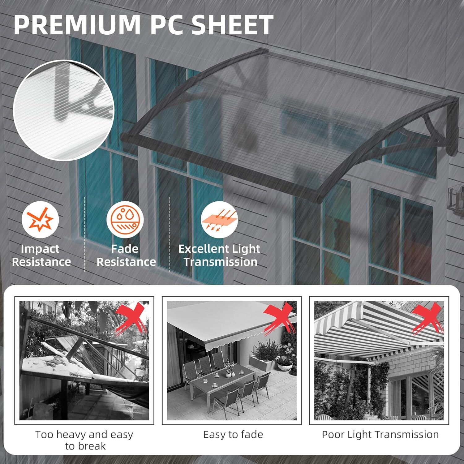DIY Outdoor Window Awning Door Canopy with Large Sink Polycarbonate Roof Cover