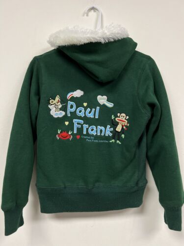 Paul Frank Full Zip Hoodie Womens Medium Green Fur Sweatshirt Embroidered Logo - Picture 1 of 12