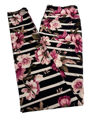 LuLaRoe Leggings OS One Size Floral BLACK PINK Stripe ROSE Flower Fun Stretchy