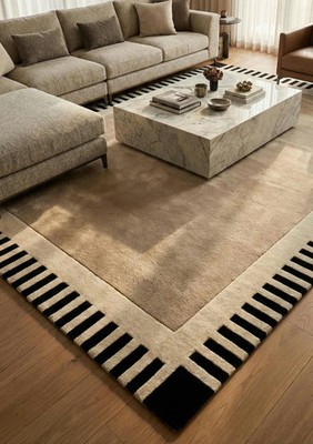 Hand Tufted Wool Area Rug, Modern Neutral Beige Carpet with Black Border 8x10|