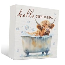 Highland Cow Bathroom Decor Wooden Sign - Hello Sweet 5 X 5 Highland Cow-11