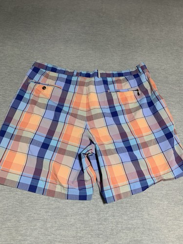 Brooks Brothers Shorts Mens 32 Plaid Madras Golf Stretch Orange Blue 9” Inseam - Picture 2 of 13