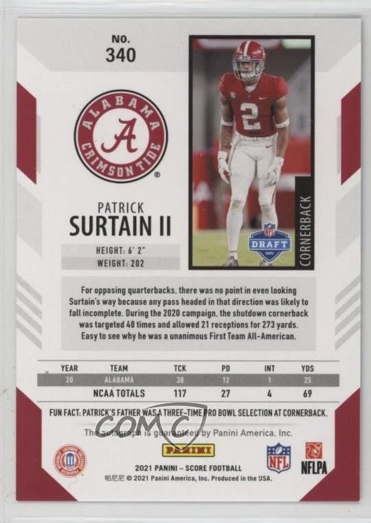 2021 Score Artist's Proof Signatures /35 Patrick Surtain II #340 Rookie Auto RC - Image 2 of 2
