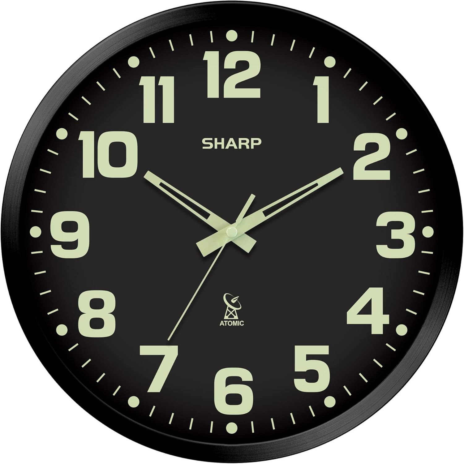 Glow in the Dark Atomic Analog Wall Clock - 12" Clock with Black Frame - Sets Au