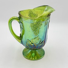 Indiana Glass Harvest Grape Iridescent Green Carnival Glass Footed Pitcher — listing 4