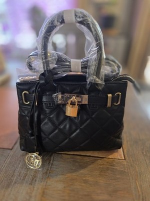 Studio Badgley Mischka Black Quilted Satchel Top Handle, Padlock Turn Lock