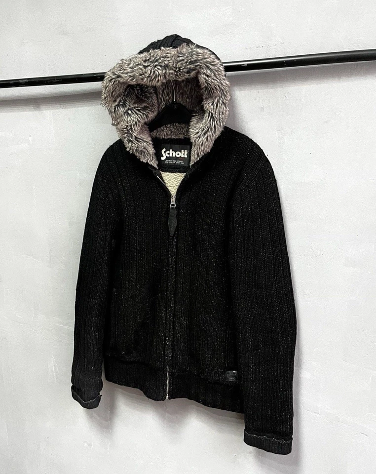 SCHOTT NYC L  Wool Sweater Jacket Coat Heavyweight Hoodie Fur Cable Knit BLACK - Image 2 of 4