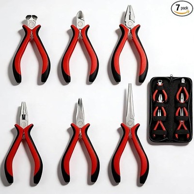6 Piece Mini Pliers Kit Red Black Needle Nose Linesman