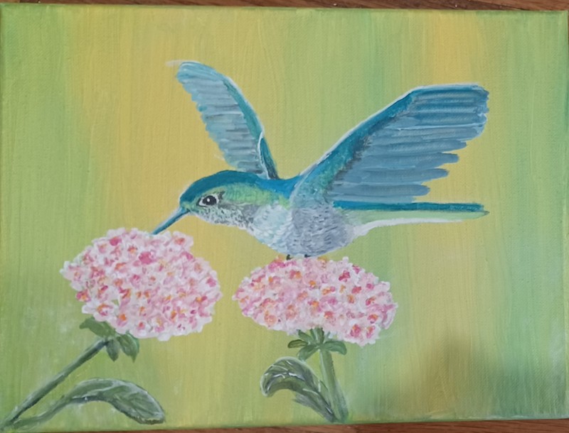 Original Art Painting by Seller Hummer and Hydrangeas 12 x 9 Stretched Canvas