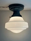 VTG Large 10.5”Schoolhouse Ceiling Light Milk Glass Globe Brass Metal Fixture
